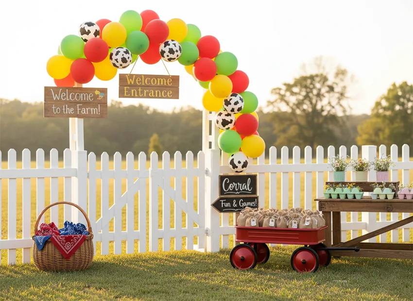 Farm birthday party details like bandanas wagon signs and rustic decor