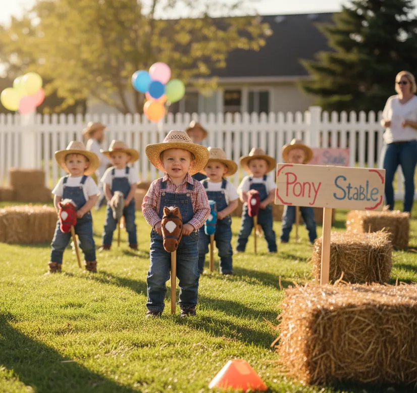 Stick horse races farm birthday party game