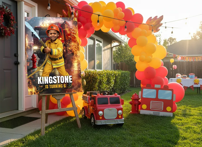 Firefighter birthday party balloon arch in red yellow and orange