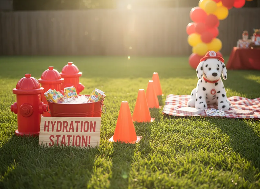 Firefighter birthday party dalmatian decor and firehouse details