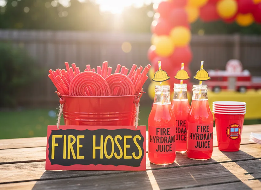 Firefighter party fire hose snacks and fire hydrant juice