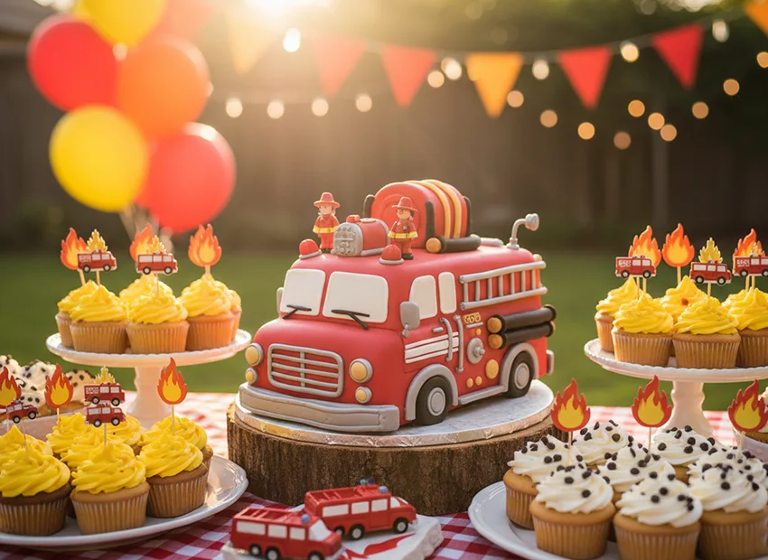 Firefighter birthday party cupcakes and firetruck cake