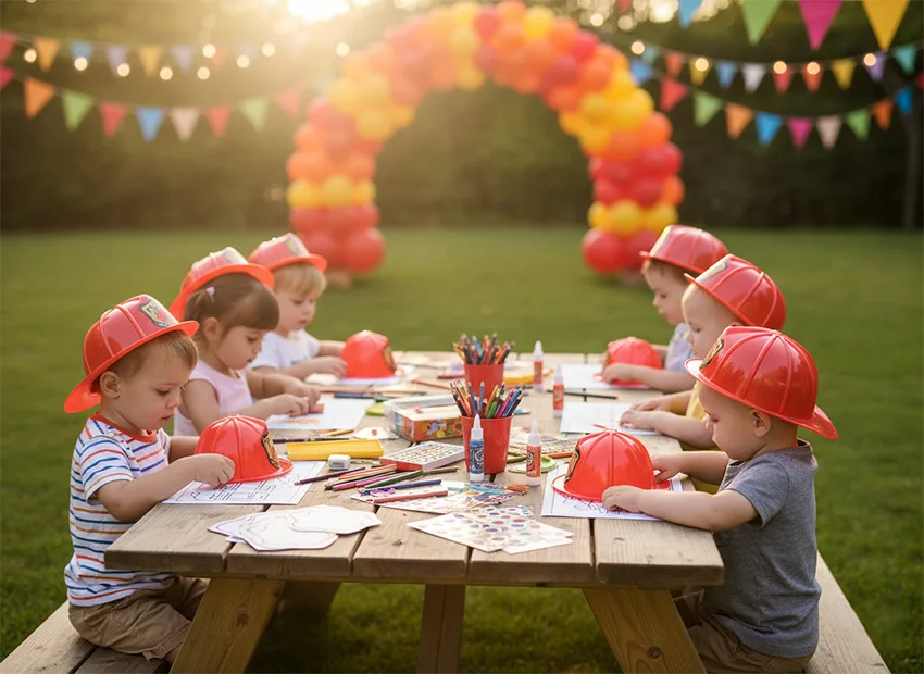 Firefighter birthday party craft and coloring station for kids