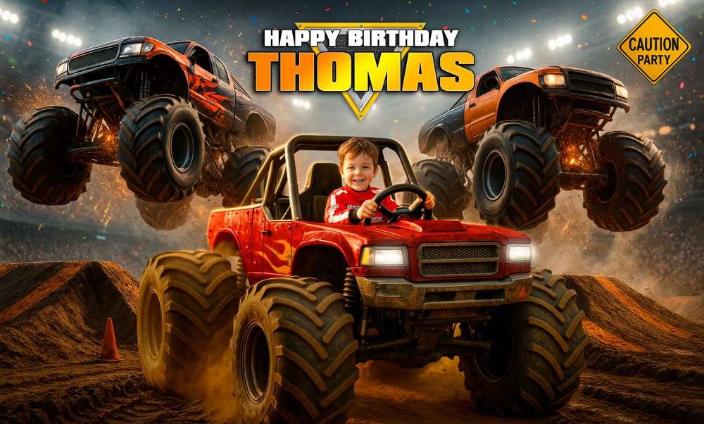 Personalized monster truck birthday banner