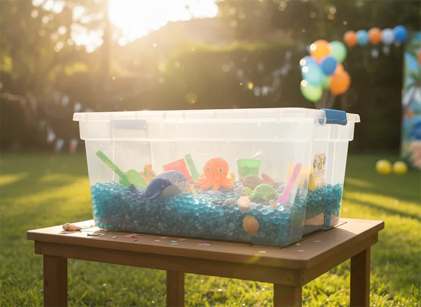 Ocean sensory bin with sea animals and beach themed toys for toddlers