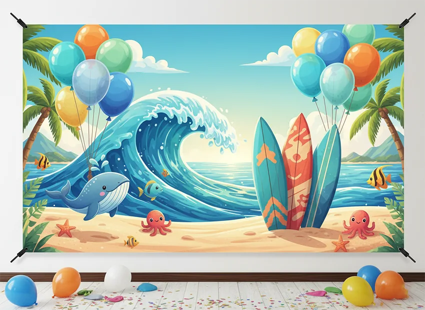 Ocean adventure birthday party backdrop with surfboards balloons and sea animals