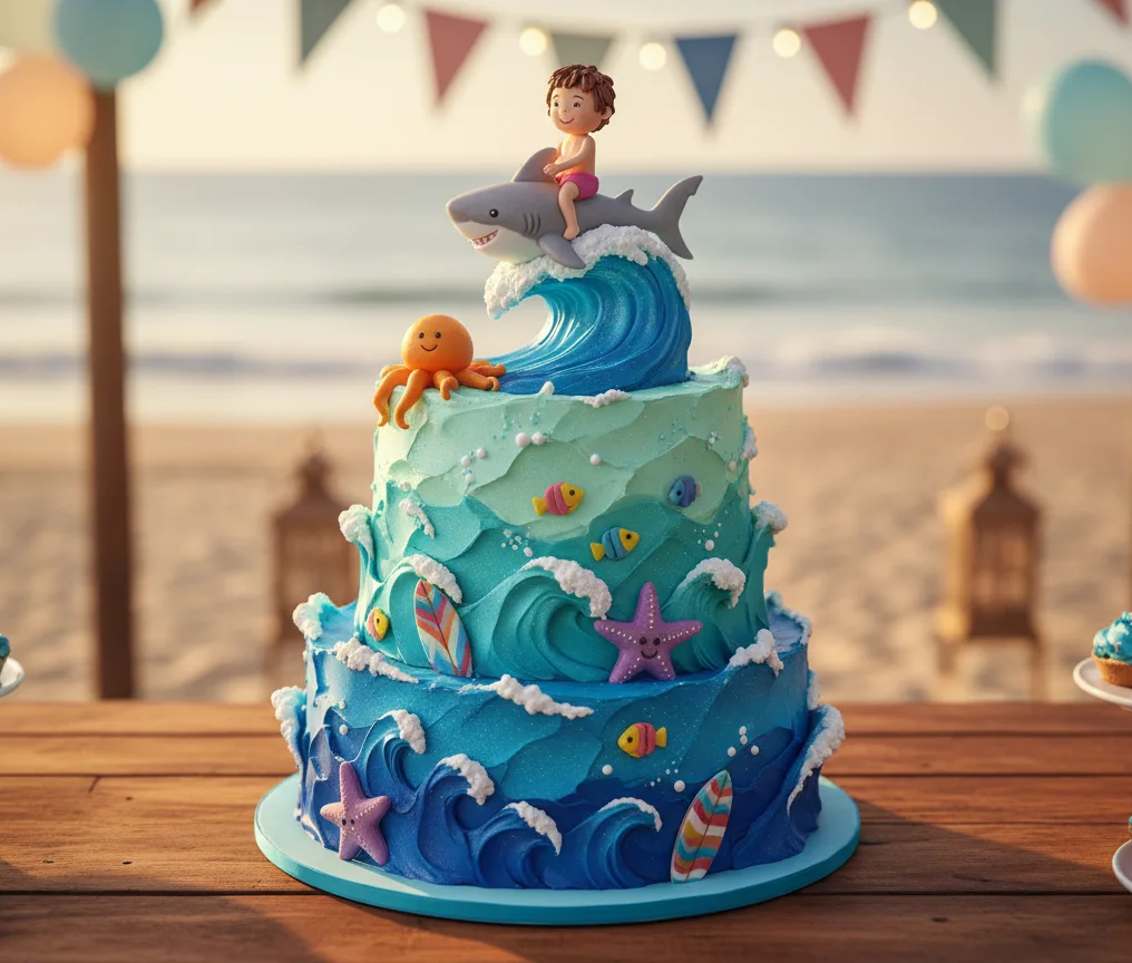Ocean wave birthday cake with surf and shark theme