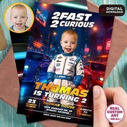 Two fast Racing Baby photo birthday invitation 5x7