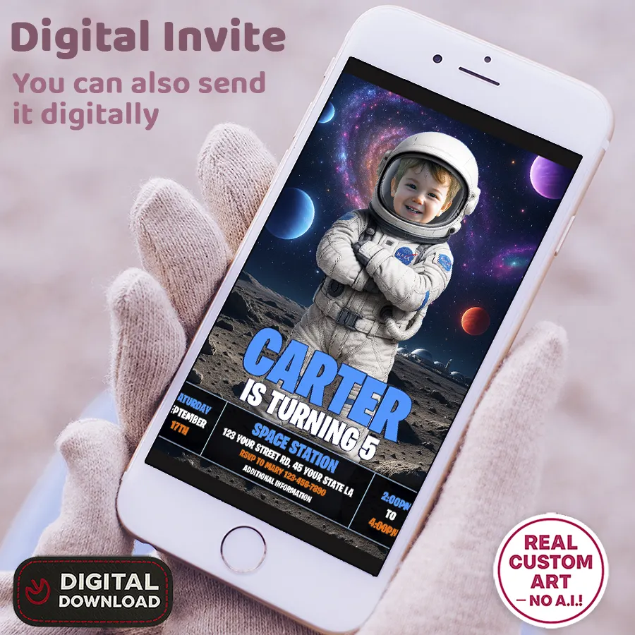 Astronaut Birthday Photo Invitation – Space Theme Party Design – Delivered in 24h – Digital File 3 Astronaut Birthday Photo Invitation – Space Theme Party Design – Delivered in 24h – Digital File