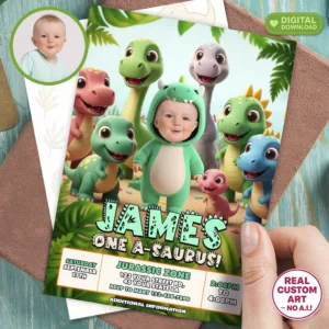 Baby Dinosaur Birthday Photo Invitation – Custom 1st dinosaur Party Design – Delivered in 24h – Digital File