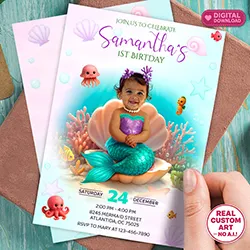 Baby Mermaid photo birthday invitation 5x7