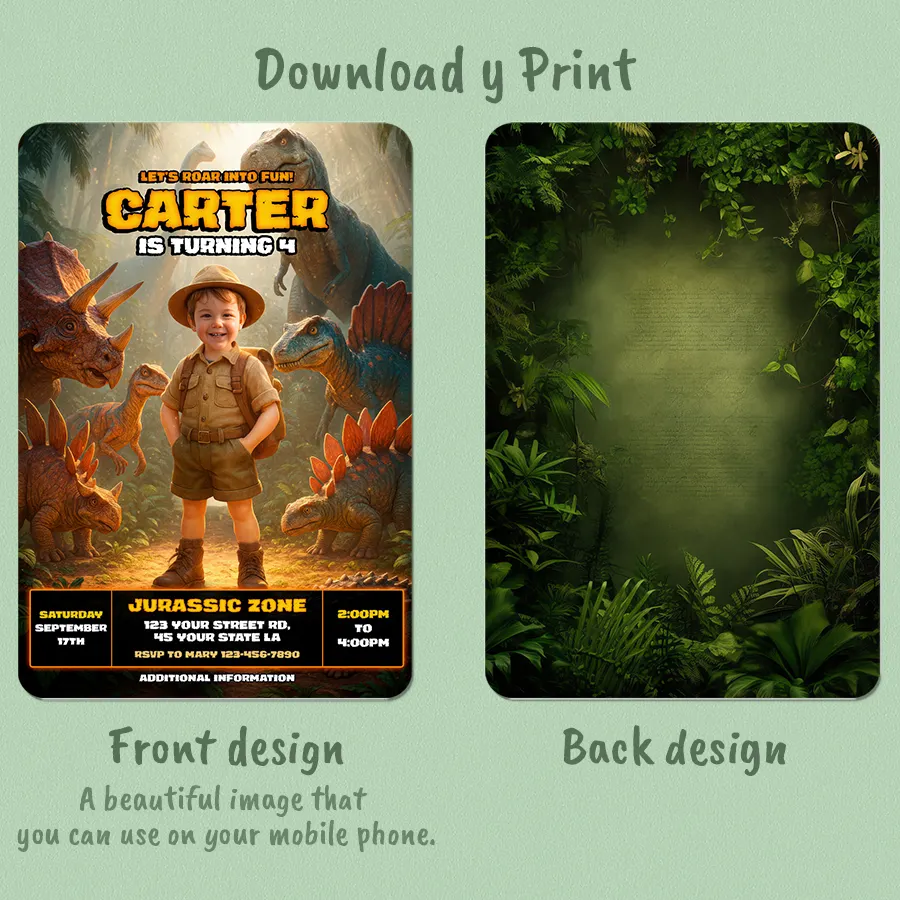 Dinosaur Birthday Photo Invitation – Personalized Jurassic Birthday Invitation – Delivered in 24h – Digital File 2 Dinosaur Birthday Photo Invitation – Personalized Jurassic Birthday Invitation – Delivered in 24h – Digital File - Image 2