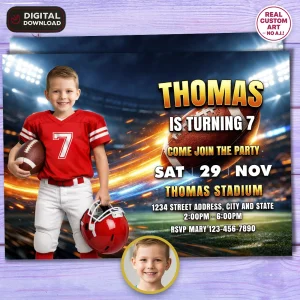 Football Party Photo Invitation – Custom Football Birthday Invite – Delivered in 24h – Digital File