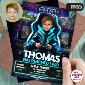 Personalized Gamer Birthday Invitation – Custom Video Game Photo Invitation – Delivered in 24h – Digital File