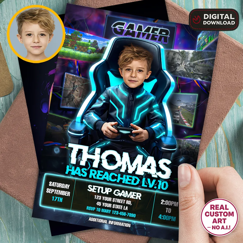 Personalized Gamer Birthday Invitation – Custom Video Game Photo Invitation – Delivered in 24h – Digital File 1 Personalized Gamer Birthday Invitation – Custom Video Game Photo Invitation – Delivered in 24h – Digital File