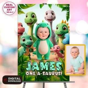Baby Dinosaur Birthday Welcome Sign – Custom Dino Party Photo Decoration – Delivered in 24h – Digital File