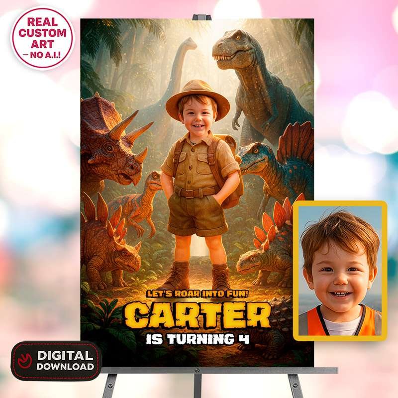 Personalized Dinosaur Welcome Sign – Custom Dino Party Decoration With Photo – Delivered in 24h – Digital File 1 Personalized Dinosaur Welcome Sign – Custom Dino Party Decoration With Photo – Delivered in 24h – Digital File