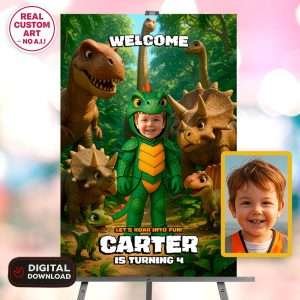 Dinosaur Photo Welcome Sign – Custom T-Rex Party Decoration – Delivered in 24h – Digital File