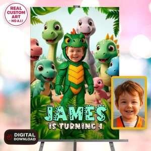 Personalized Dinosaur Welcome Sign – Custom Dino Party Decoration With Photo – Delivered in 24h – Digital File
