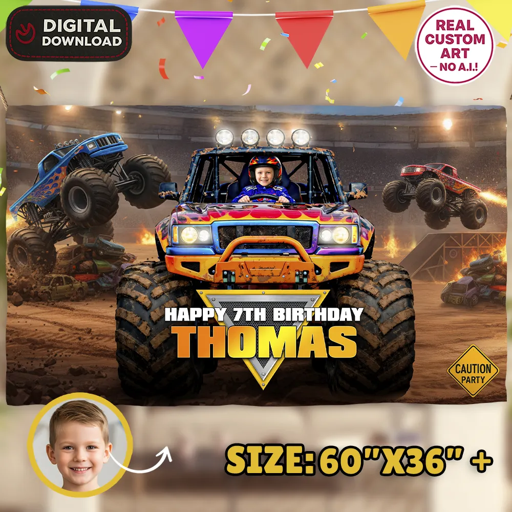 Monster Truck Birthday Banner High-Resolution Driving Edition personalized design