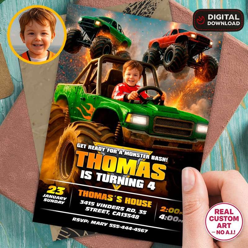 Epic Monster Truck Birthday Invitation – Personalized Off-Road Photo Invitation – Delivered in 24h – Digital File 1 Epic Monster Truck Birthday Invitation – Personalized Off-Road Photo Invitation – Delivered in 24h – Digital File