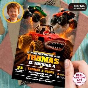 Epic Monster Truck Shark Invitation – Personalized Off-Road Birthday Photo Invitation – Delivered in 24h – Digital File