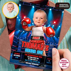 Round One Baby Boxer photo birthday invitation 5x7