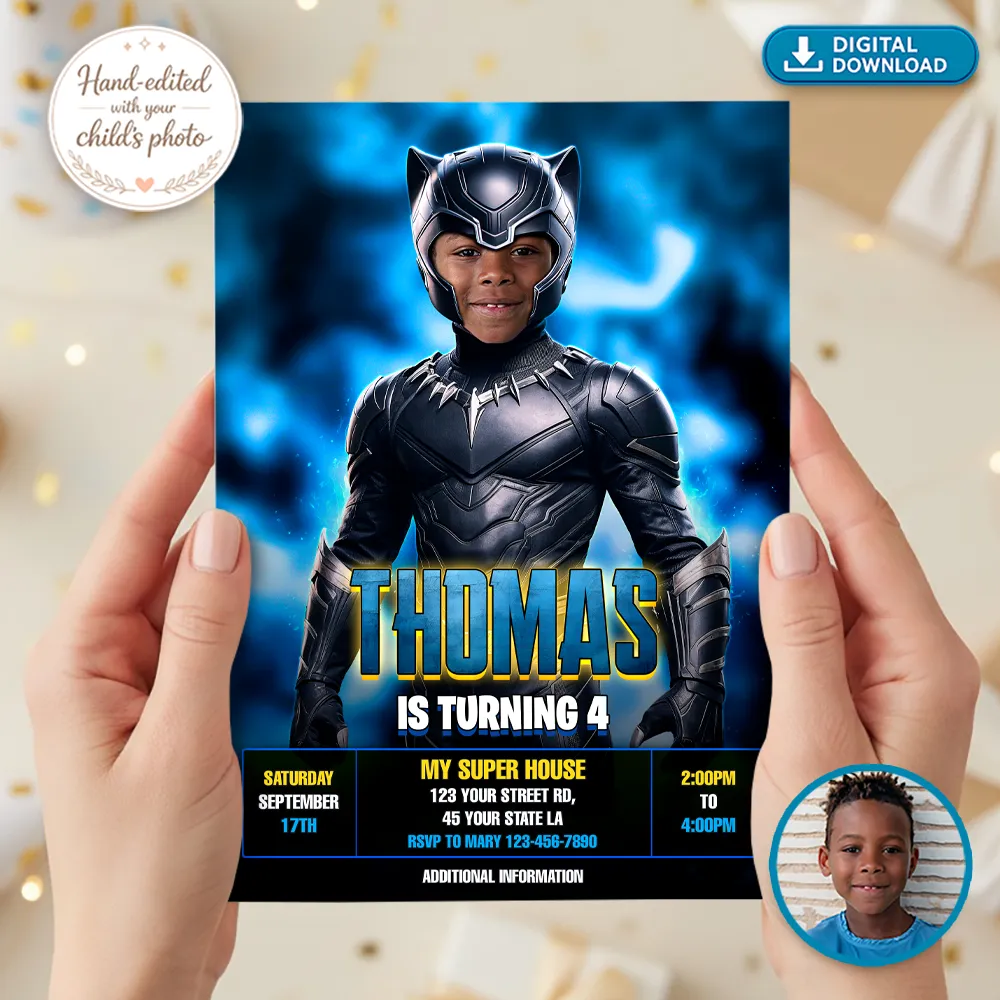 Personalized Panther Hero Birthday Invitation | Custom Galactic Warrior Photo Invite 2 Personalized Panther Hero Birthday Invitation | Custom Galactic Warrior Photo Invite