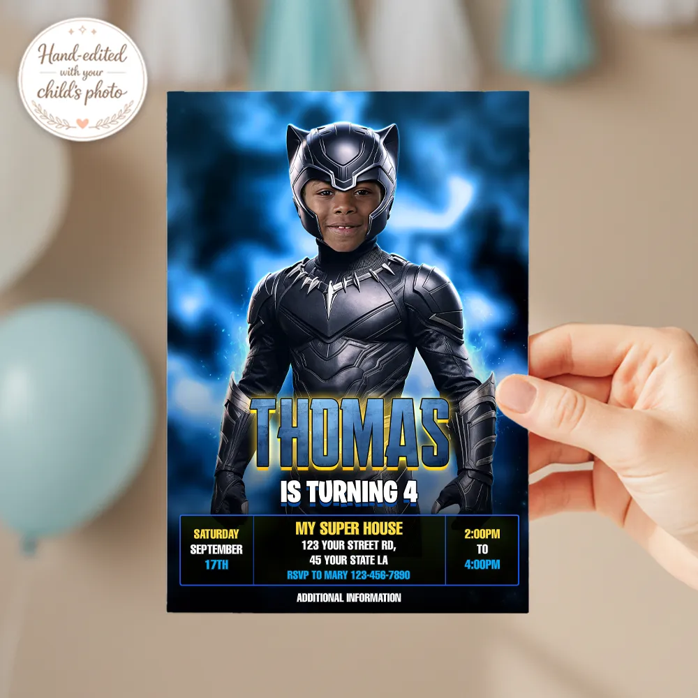Personalized Panther Hero Birthday Invitation | Custom Galactic Warrior Photo Invite 3 Personalized Panther Hero Birthday Invitation | Custom Galactic Warrior Photo Invite