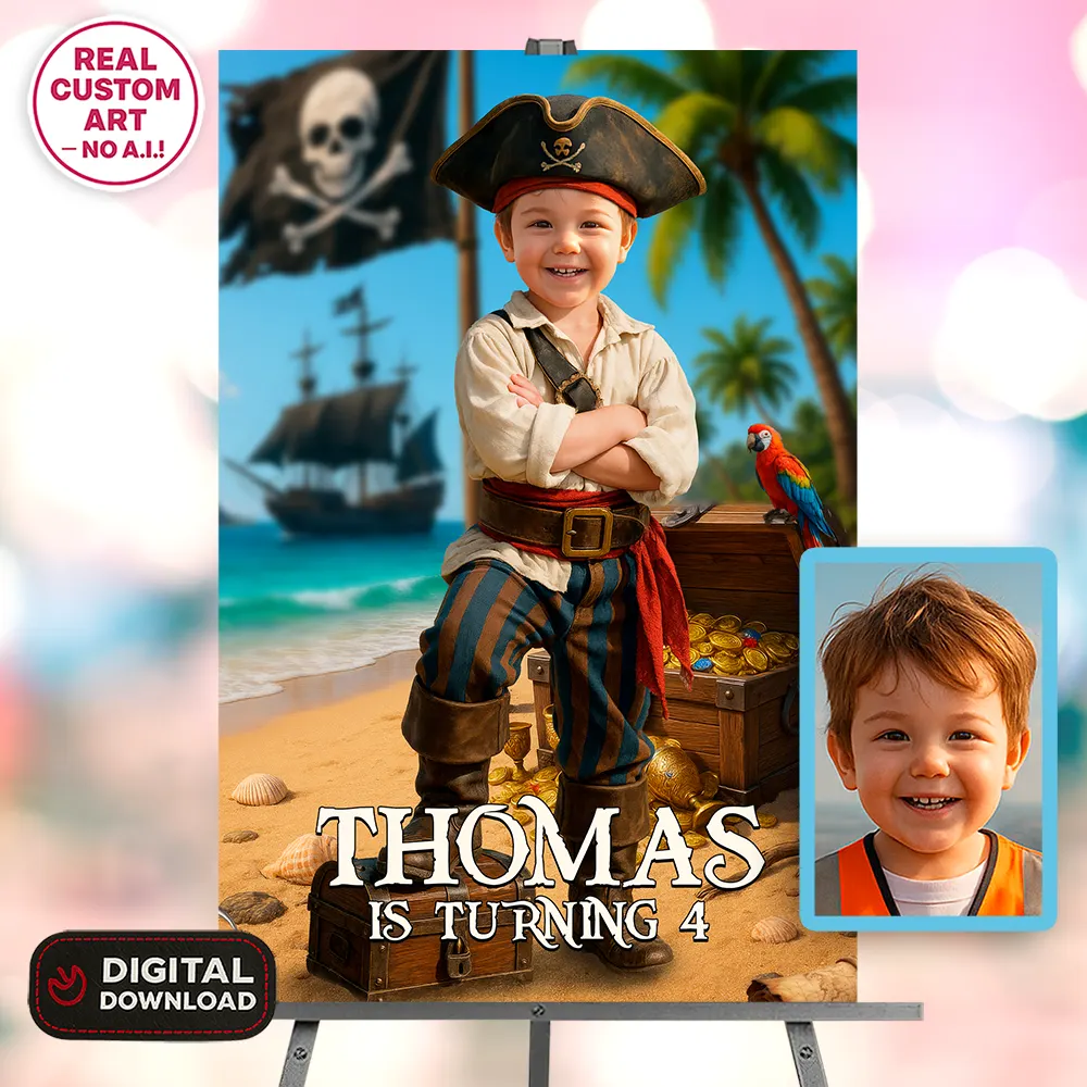 Personalized pirate birthday welcome sign with photo