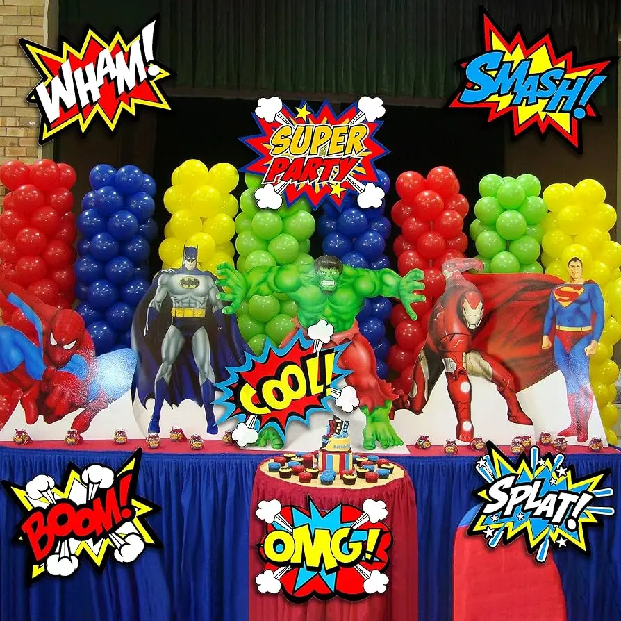 Superhero birthday decorations and city skyline backdrop