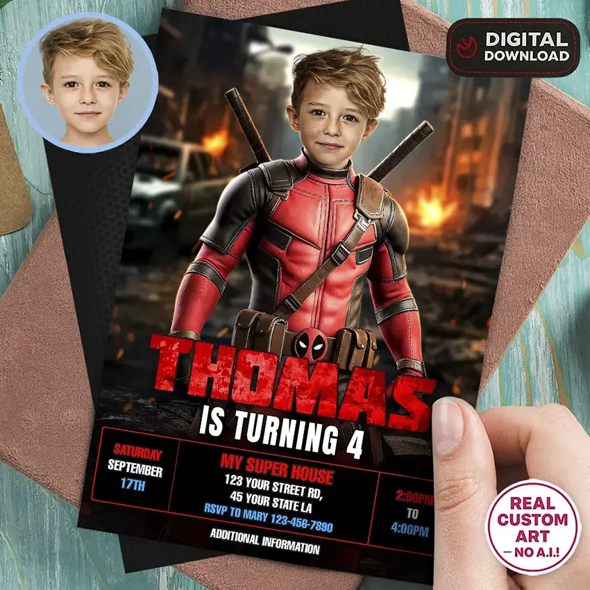 Superhero birthday photo invitation for kids