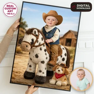 Cowboy Baby Birthday Portrait – First Rodeo Birthday Party Decoration With Photo – Delivered in 24h – Digital File