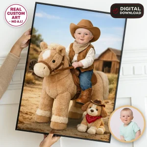Cowboy Baby Party Portrait – First Rodeo Birthday Birthday Decoration With Photo – Delivered in 24h – Digital File