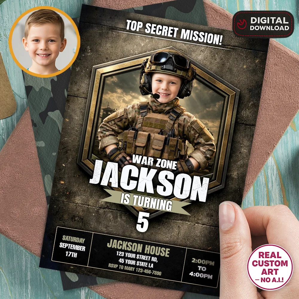 Military Birthday Invitation – Custom Army Soldier Party Photo Invite – Delivered in 24h – Digital File 1 Military Birthday Invitation – Custom Army Soldier Party Photo Invite – Delivered in 24h – Digital File