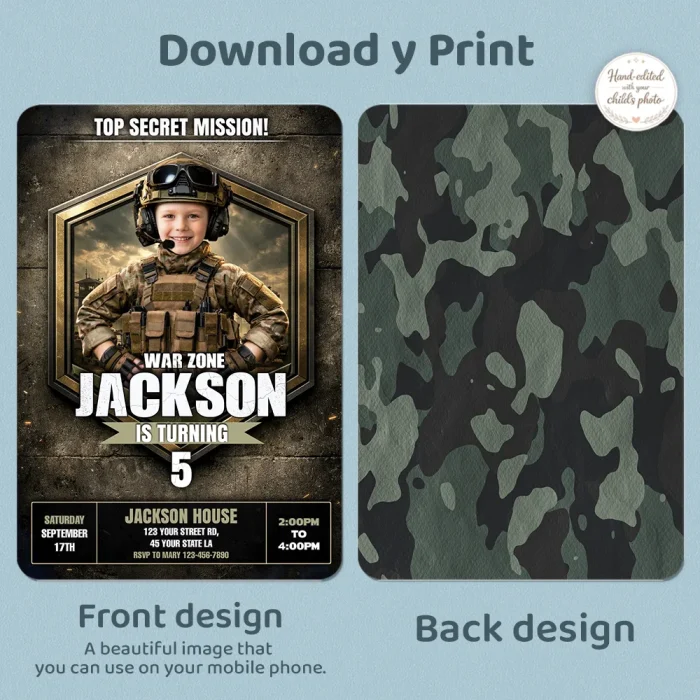 Military Birthday Invitation – Custom Army Soldier Party Photo Invite – Delivered in 24h – Digital File