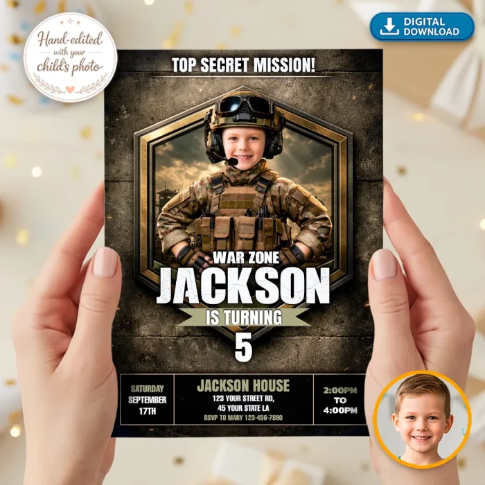 Military Birthday Invitation – Custom Army Soldier Party Photo Invite – Delivered in 24h – Digital File