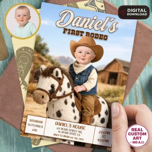 First Rodeo Birthday Invitation – Custom Baby Cowboy Photo Invitation – Delivered in 24h – Digital File