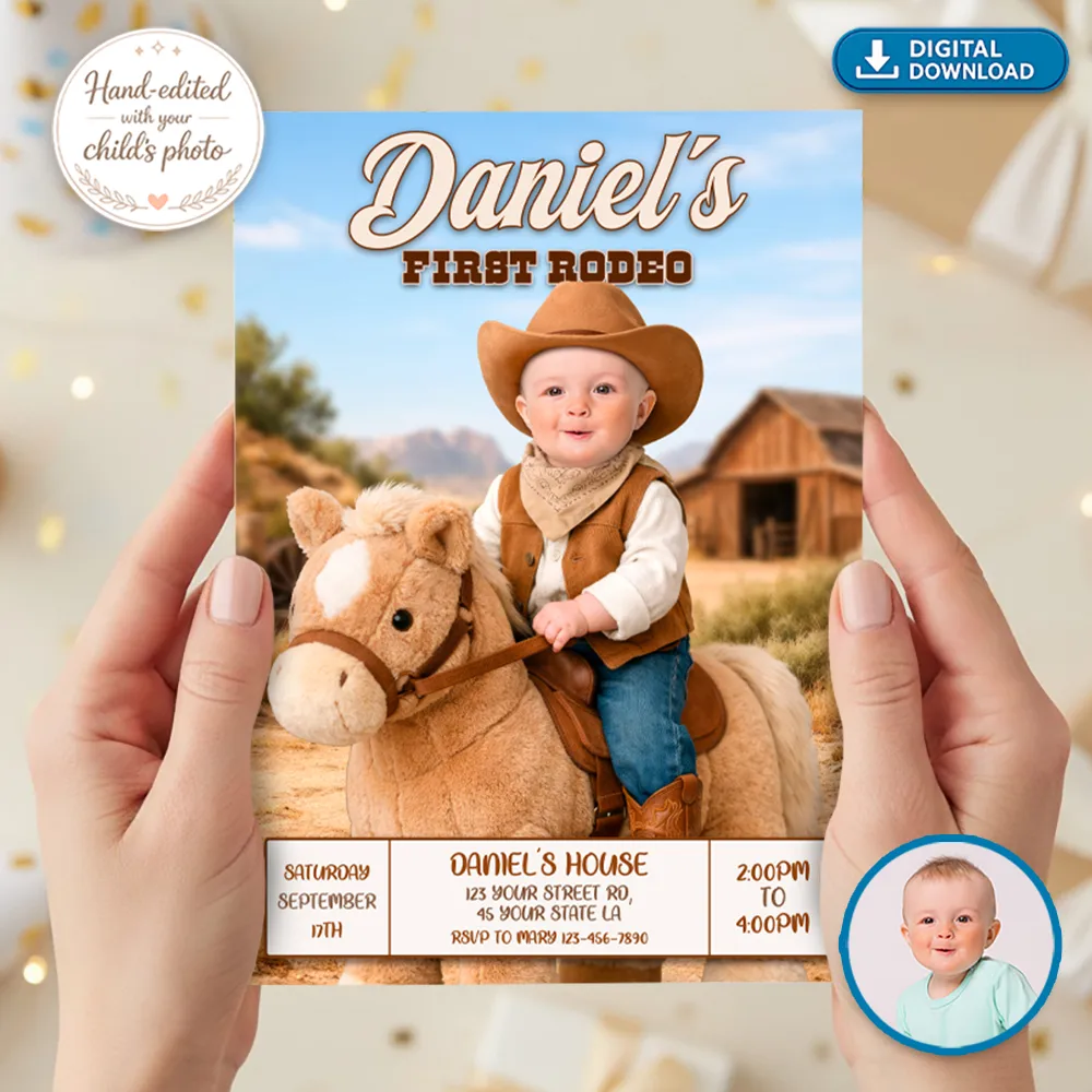 First Rodeo Photo Invitation – Custom Baby Cowboy Birthday Invitation – Delivered in 24h – Digital File 2 First Rodeo Photo Invitation – Custom Baby Cowboy Birthday Invitation – Delivered in 24h – Digital File