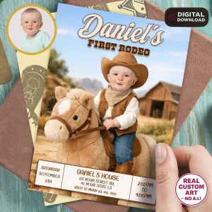 First Rodeo Photo Invitation – Custom Baby Cowboy Birthday Invitation – Delivered in 24h – Digital File