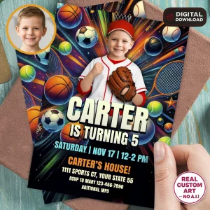 Baseball Kids Photo Invitation – Custom Sports Birthday Invitation – Delivered in 24h – Digital File