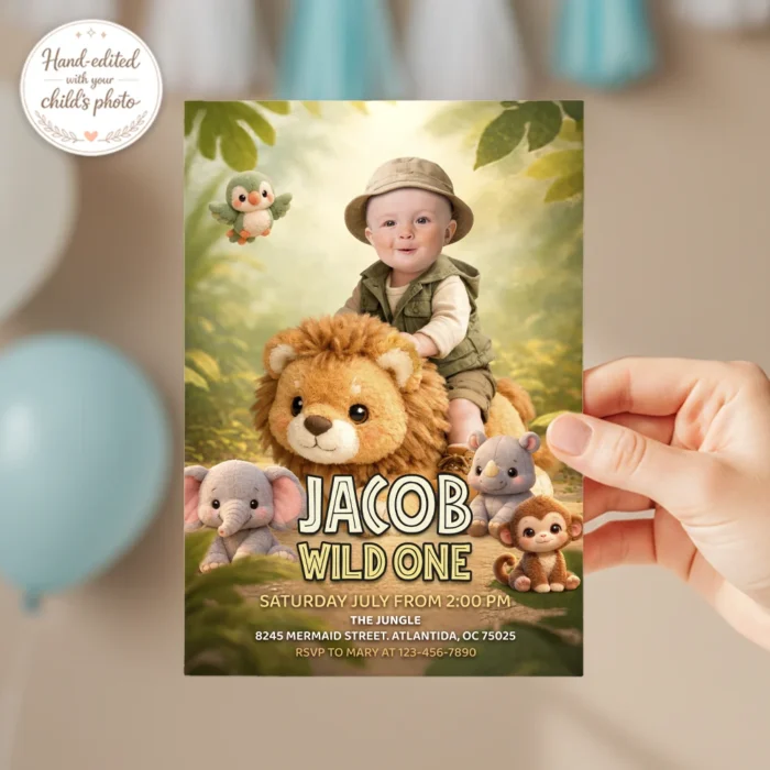Cute Wild One Birthday Invitation – Personalized 1st Jungle Photo Invitation – Delivery 24h – Digital Download