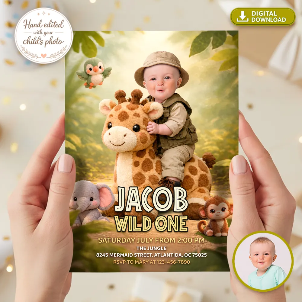Cute Jungle Photo Invitation – Personalized 1st Wild One Birthday Invitation – Delivery 24h – Digital Download 2 Cute Jungle Photo Invitation – Personalized 1st Wild One Birthday Invitation – Delivery 24h – Digital Download