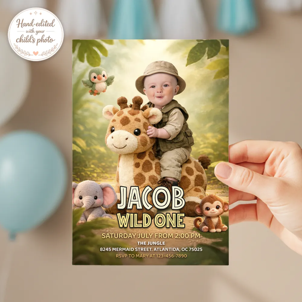 Cute Jungle Photo Invitation – Personalized 1st Wild One Birthday Invitation – Delivery 24h – Digital Download 3 Cute Jungle Photo Invitation – Personalized 1st Wild One Birthday Invitation – Delivery 24h – Digital Download