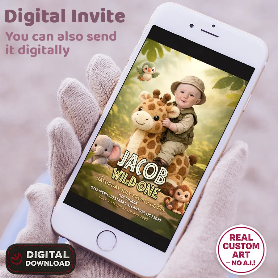Cute Jungle Photo Invitation – Personalized 1st Wild One Birthday Invitation – Delivery 24h – Digital Download 5 Cute Jungle Photo Invitation – Personalized 1st Wild One Birthday Invitation – Delivery 24h – Digital Download