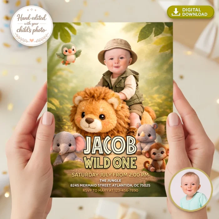 Cute Wild One Birthday Invitation – Personalized 1st Jungle Photo Invitation – Delivery 24h – Digital Download