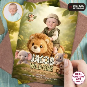Cute Wild One Birthday Invitation Baby Plush Lion Photo