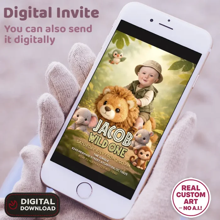 Cute Wild One Birthday Invitation – Personalized 1st Jungle Photo Invitation – Delivery 24h – Digital Download