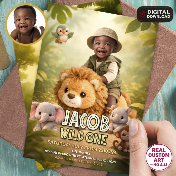 Cute Wild One Birthday Invitation – Personalized 1st Jungle Photo Invitation – Delivery 24h – Digital Download