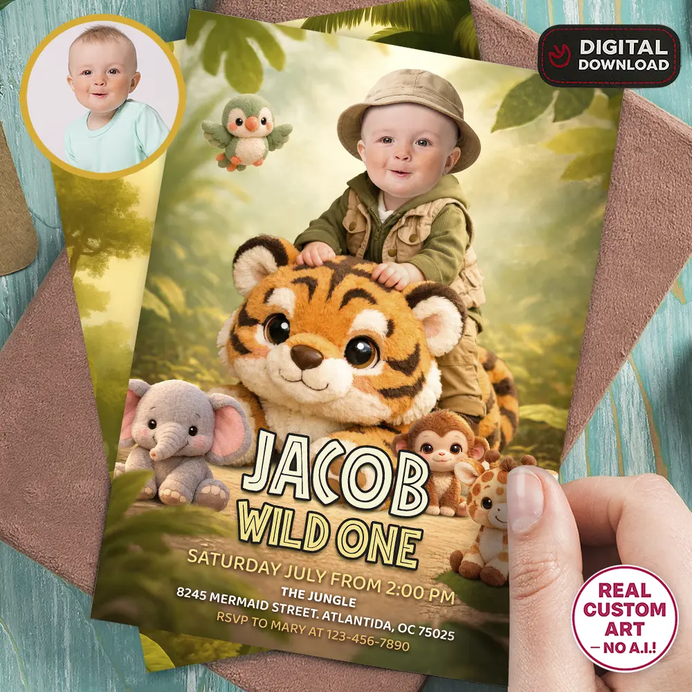 Cute Wild One Party Invitation | Custom Baby Plush Tiger Photo Invite 1 Cute Wild One Party Invitation Baby Plush Tiger Photo